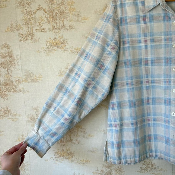 Vintage 90s spring cream blue pink plaid corduroy long sleeve button down shirt - Picture 4 of 8